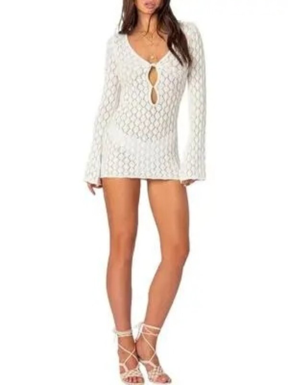 EDIKTED Brie Long Sleeve Mini Sweater Dress - Cream Size XS